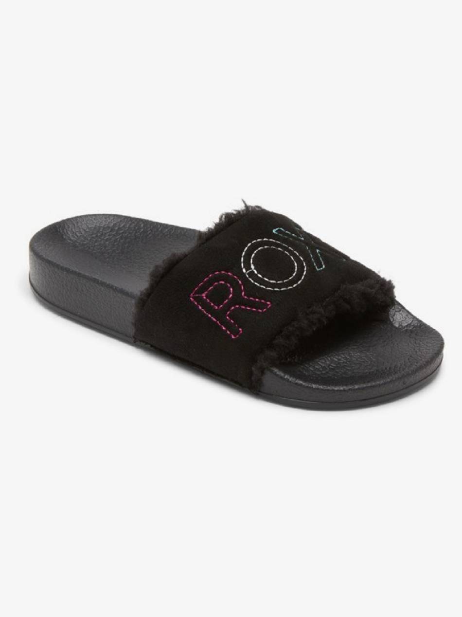 Kids\' Roxy Slippy Fur Slider Sandals Black | NZ_LW3522