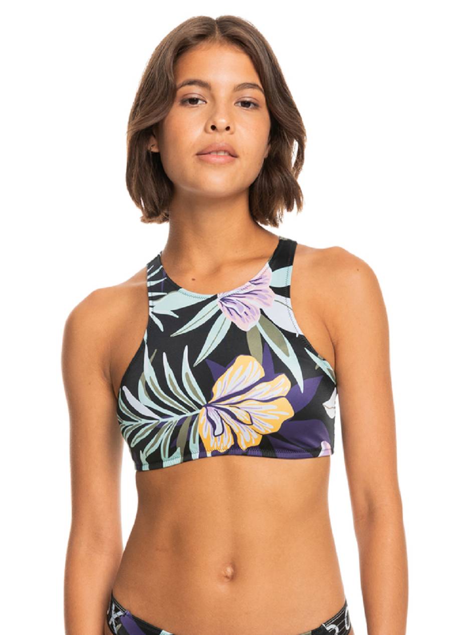 Women\'s Roxy Active Crop Top Bikini Tops black flower | NZ_LW9896