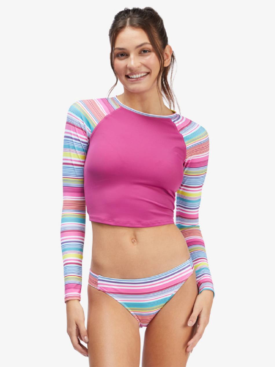 Women\'s Roxy Active Cropped Rashguards Pink Stripes | NZ_LW8002