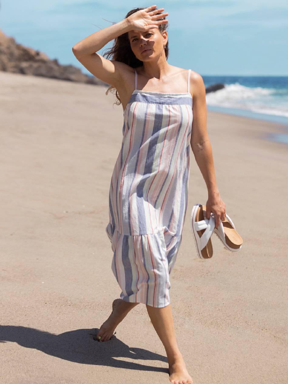 Women\'s Roxy Glorious Sunshine Strappy Midi Dress Blue White Stripes | NZ_LW7431