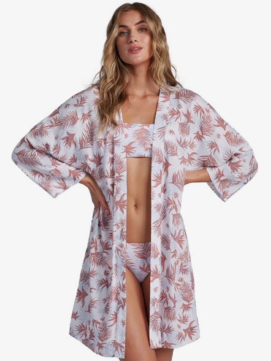 Women\'s Roxy Long Holidays Kimono Top Cover Ups white flower | NZ_LW1026