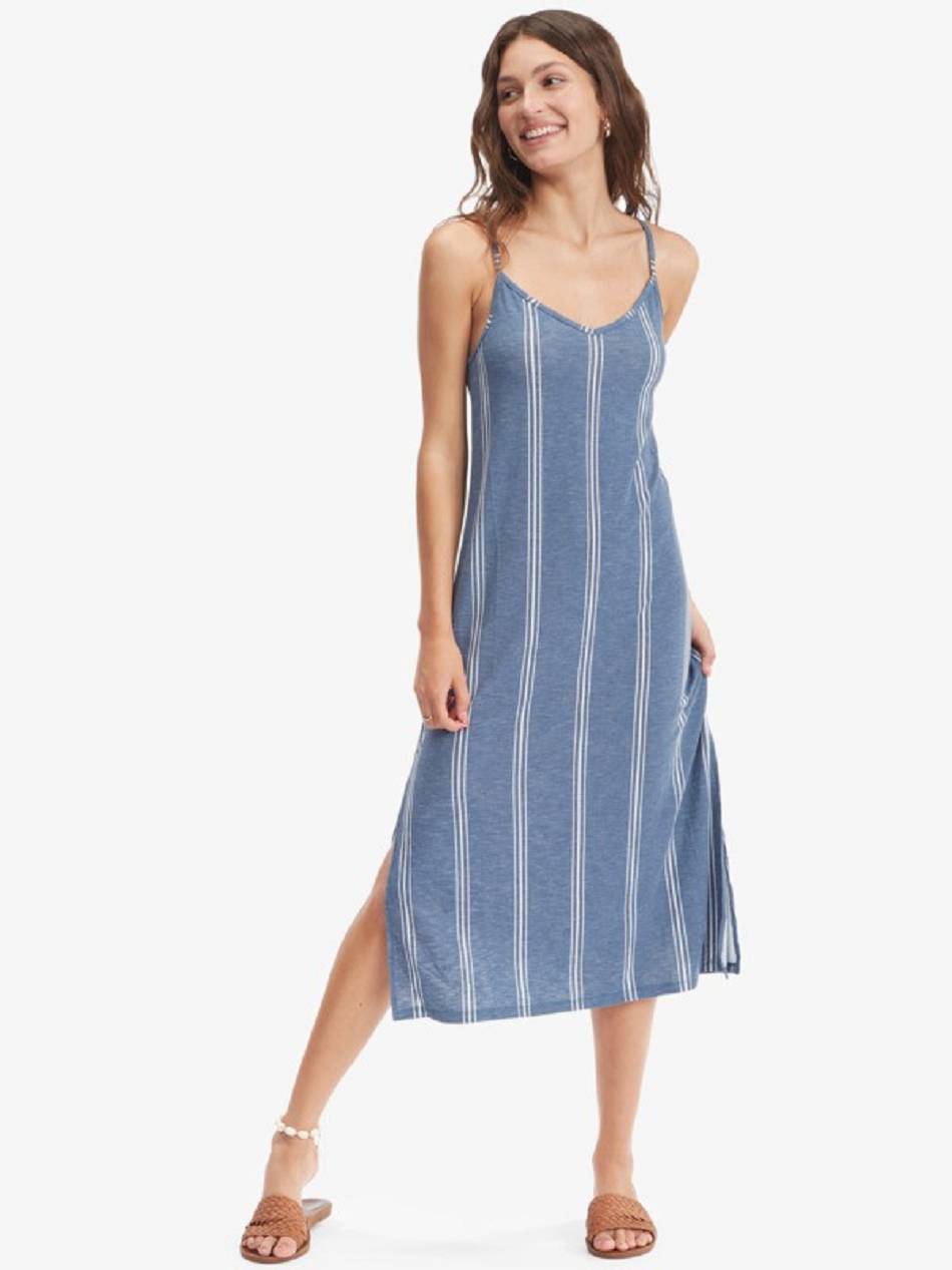 Women\'s Roxy Promised Land Strappy Midi Dress Blue Stripes | NZ_LW8181