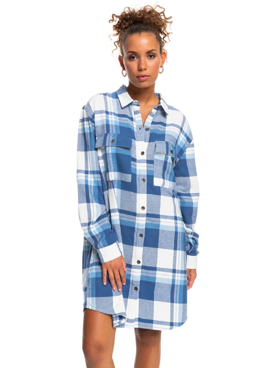 Women\'s Roxy Running Seasons Long Sleeve Shirt Dress Blue White | NZ_LW7696