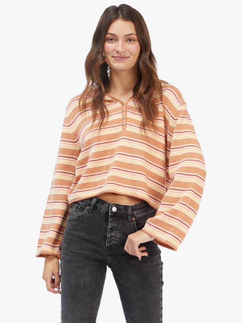 Women\'s Roxy Side Swipe Hoodie Sweaters Brown Stripes | NZ_LW2806