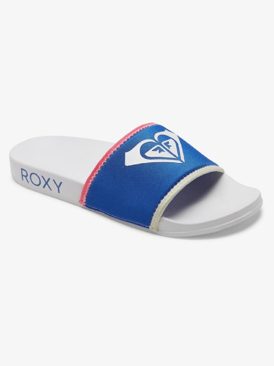 Women\'s Roxy Slippy Neo Slide Sandals Blue / White | NZ_LW6597