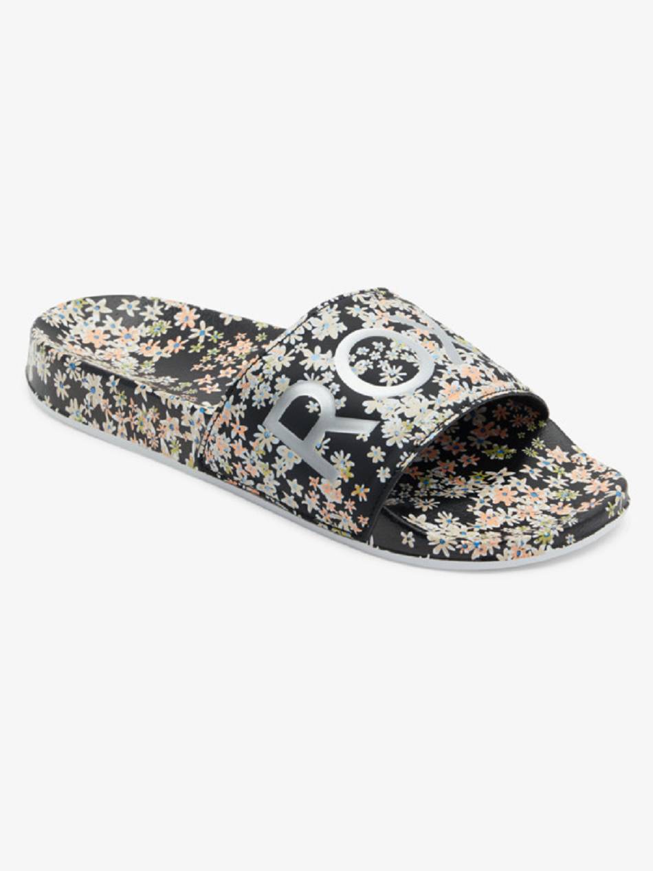 Women\'s Roxy Slippy Printed Slide Sandals Black | NZ_LW1553