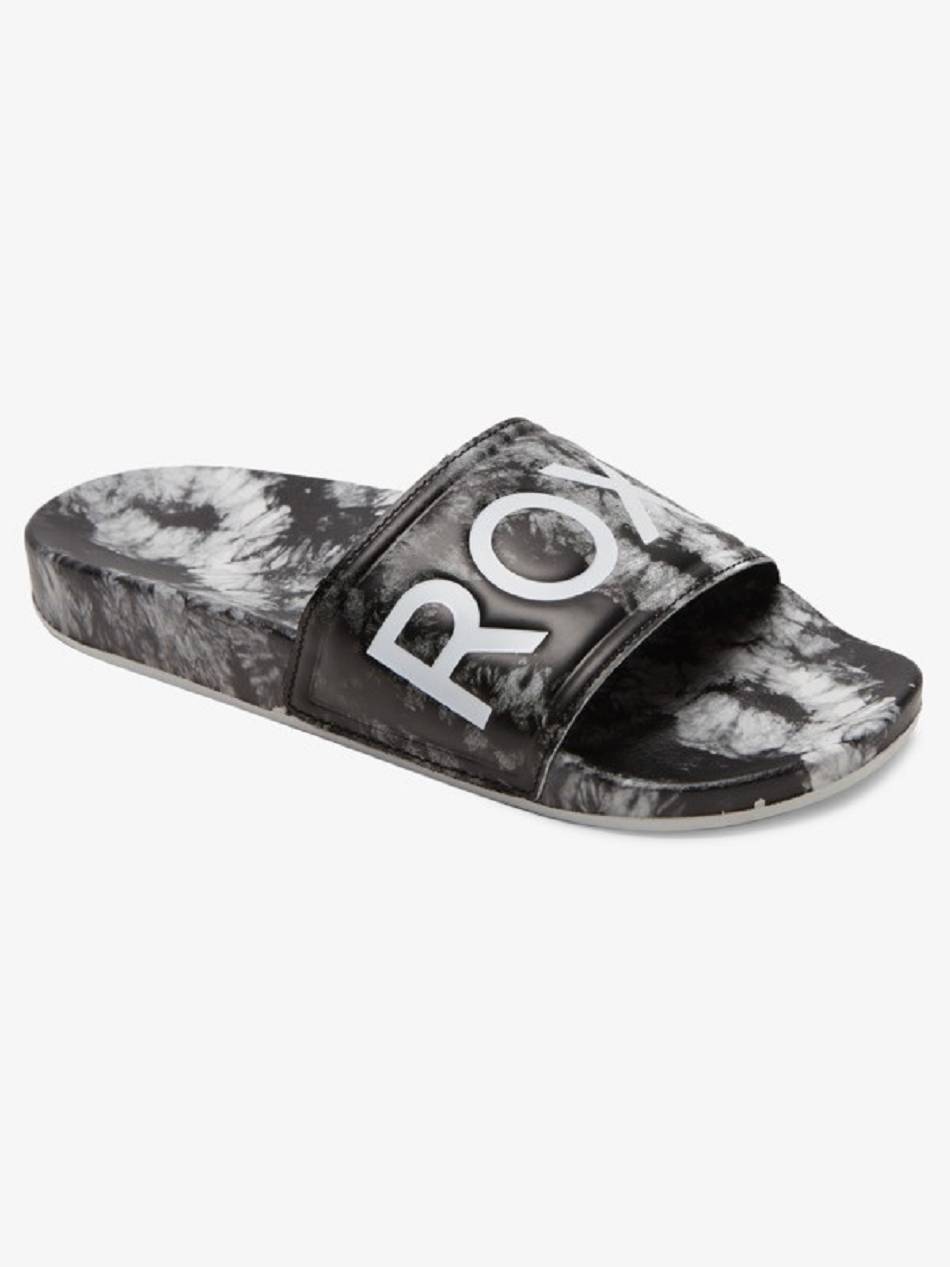 Women\'s Roxy Slippy Printed Slide Sandals Black / White | NZ_LW7530