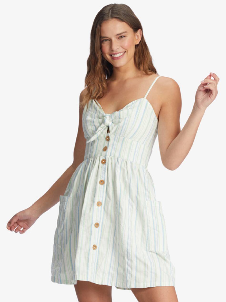 Women\'s Roxy Under The Cali Sun Strappy Buttoned Dress Green Stripes | NZ_LW1476