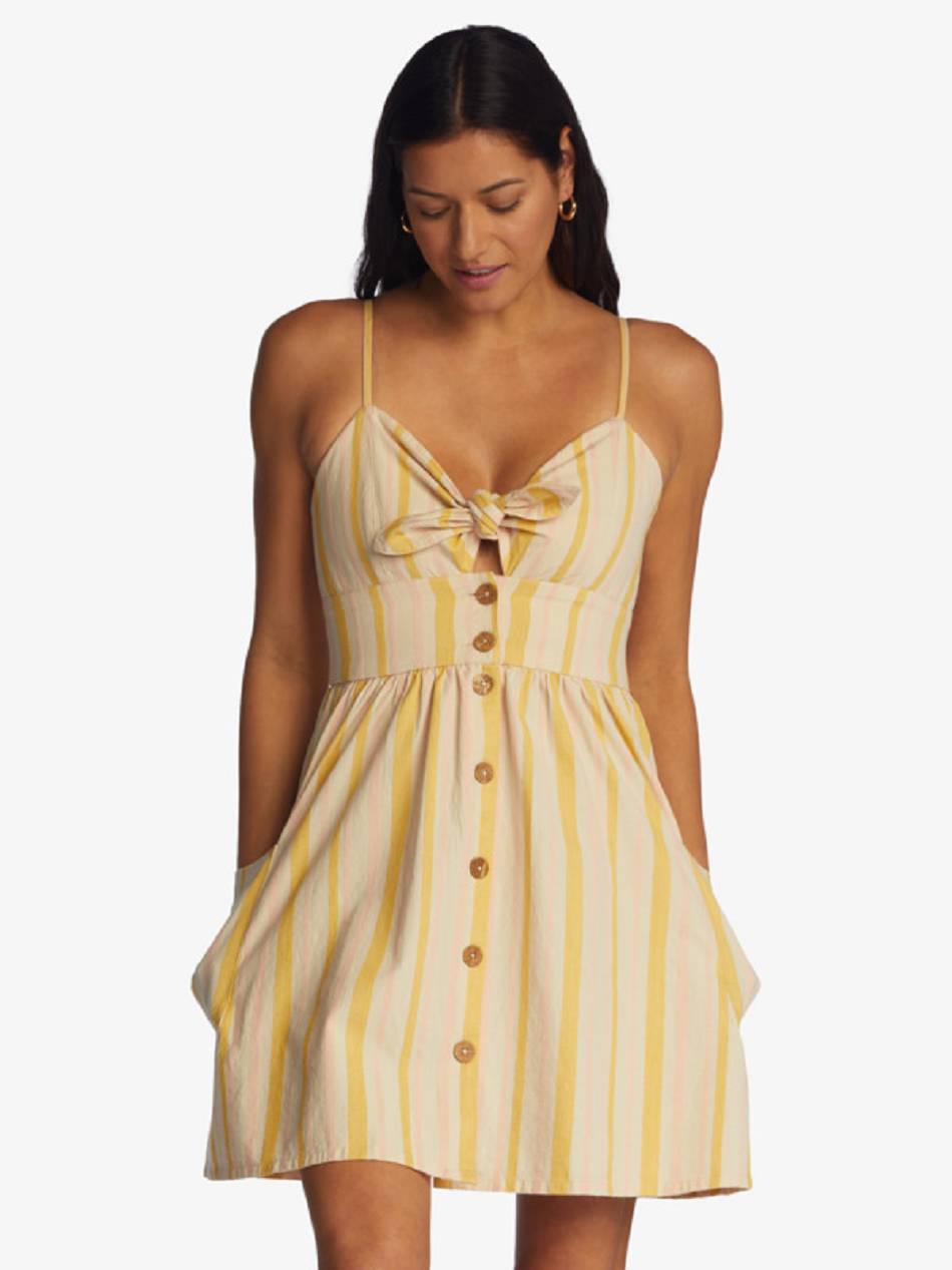 Women\'s Roxy Under The Cali Sun Stripe Strappy Dress Yellow Stripes | NZ_LW5738