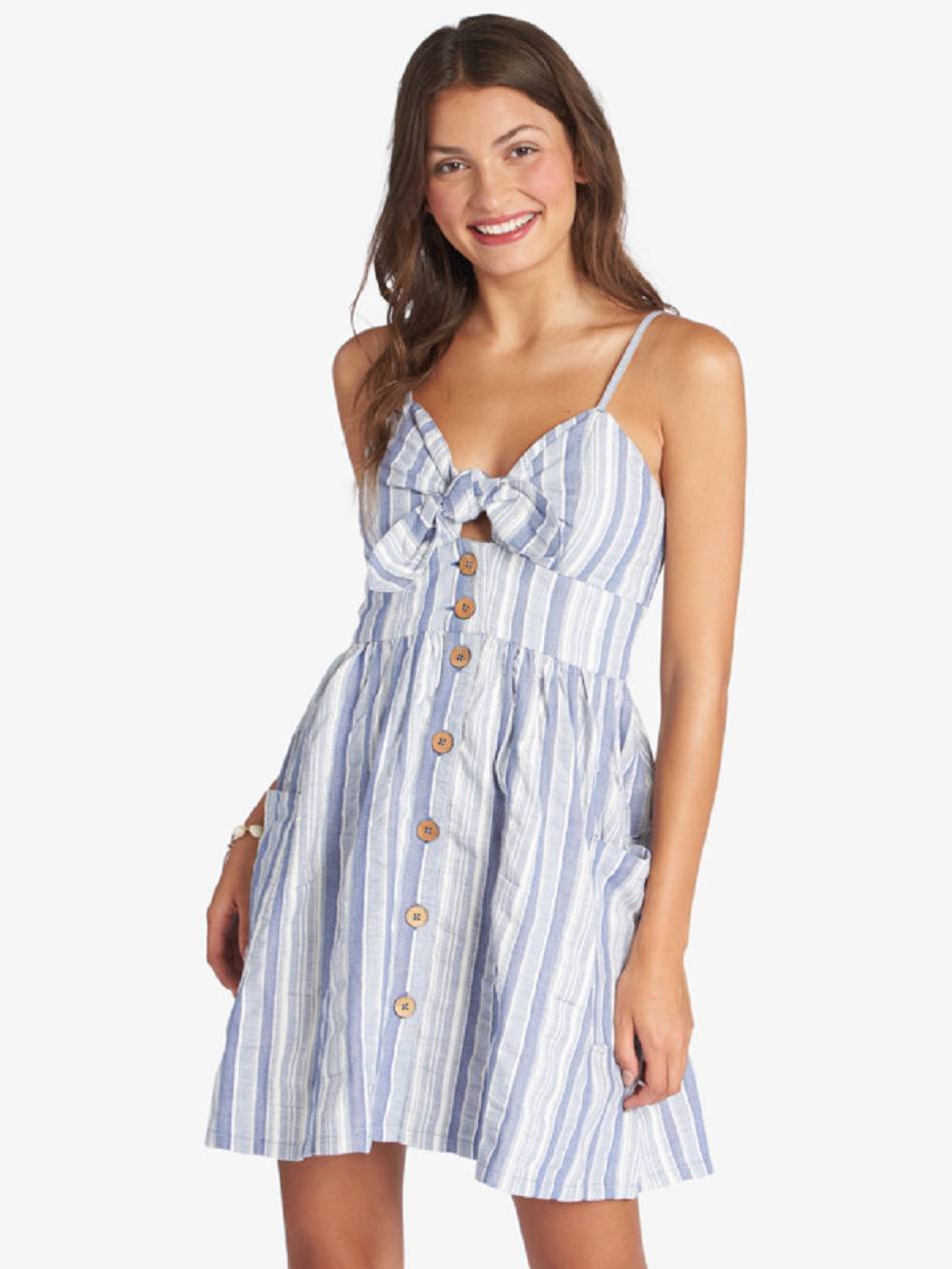 Women\'s Roxy Under The Cali Sun Stripe Strappy Dress Blue Stripes | NZ_LW7215