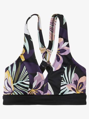 Women's Roxy Active Halter Bikini Tops black flower | NZ_LW1987