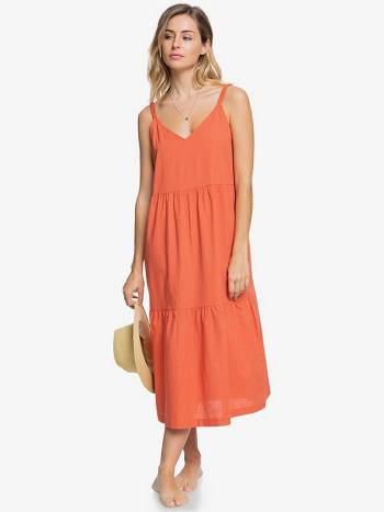 Women's Roxy Waiting Line Tiered Midi Dress Brown | NZ_LW8865